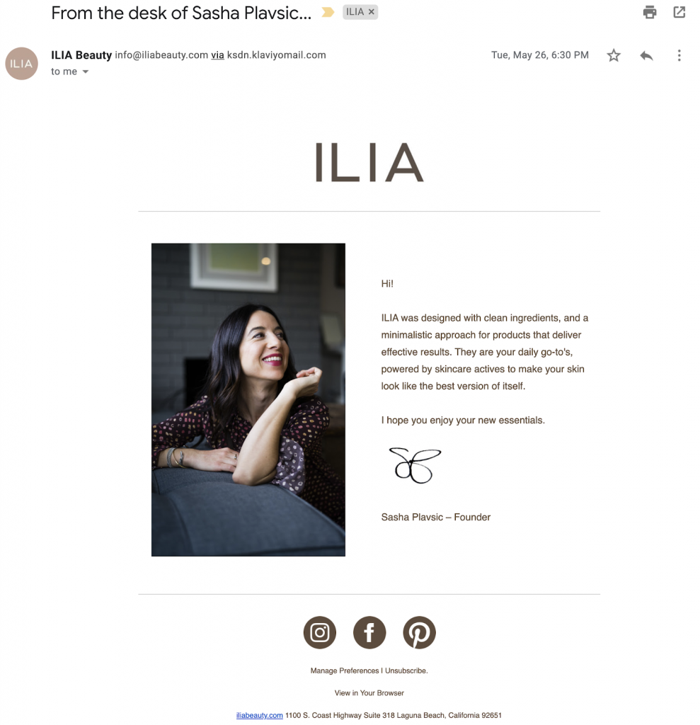 welcome email from ilia beauty founder